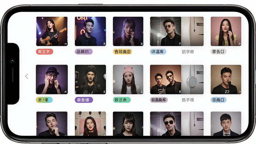全民音乐唱k海量曲库界面展示,主体为手机屏幕上的歌曲分类列表,布局为网格状排列,排版整齐,风格为清新明快,细节包括不同音乐风格的彩色标签和歌曲封面,画质高清,干净,无多余元素