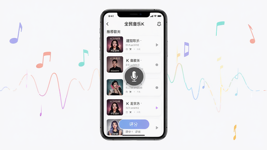 全民音乐唱k手机应用主界面展示,主体为一部竖屏智能手机,屏幕上显示K歌应用首页,包含推荐歌曲列表、麦克风图标和评分按钮,布局居中对称,排版清晰,风格为现代简约科技风,细节包括歌曲封面缩略图、彩色音波装饰,画质高清,干净,无多余元素