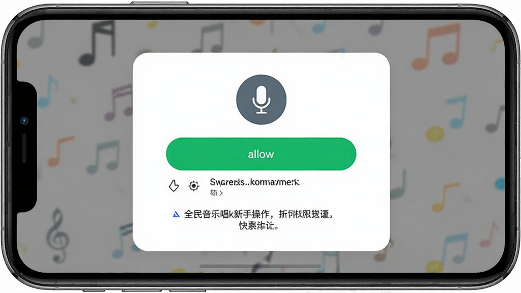 全民音乐唱k新手操作手机界面展示,主体为一部手机屏幕显示权限设置弹窗和麦克风图标,布局为居中,排版简洁,风格为扁平化设计,细节包括允许按钮和权限说明文字,画质高清,干净,无多余元素