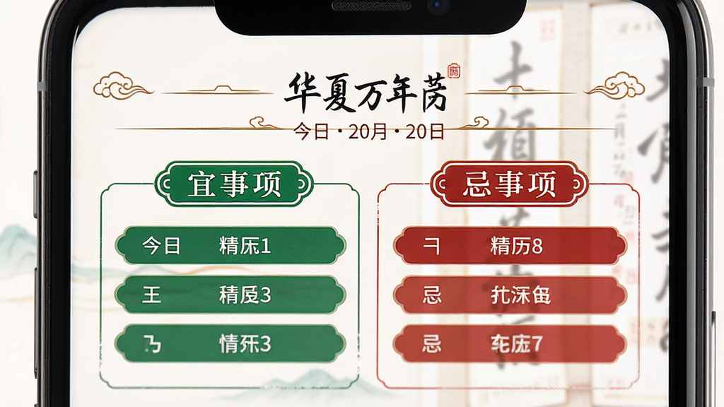 一张展示华夏万年历黄历每日宜忌功能的图片,画面为手机屏幕界面,屏幕中央显示今日宜忌两个区域,左侧绿色标签列出宜事项,右侧红色标签列出忌事项,布局为上下结构,风格为简约中国风,细节包括宜忌文字标签、日期标题、装饰线条,画质高清,干净,无多余元素