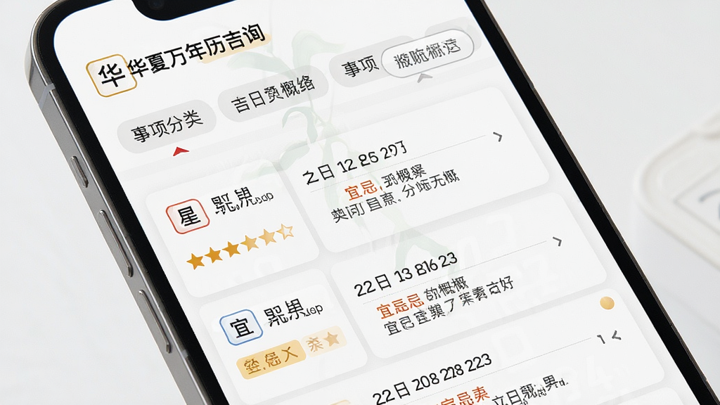 一张展示华夏万年历黄历吉日查询功能的图片,画面为手机屏幕界面,显示吉日查询结果列表,每条结果包含日期、星期、宜忌概要,列表上方有事项分类筛选标签,风格为清爽素雅,细节包括日期文字、星级标记、筛选按钮,画质高清,干净,无多余元素
