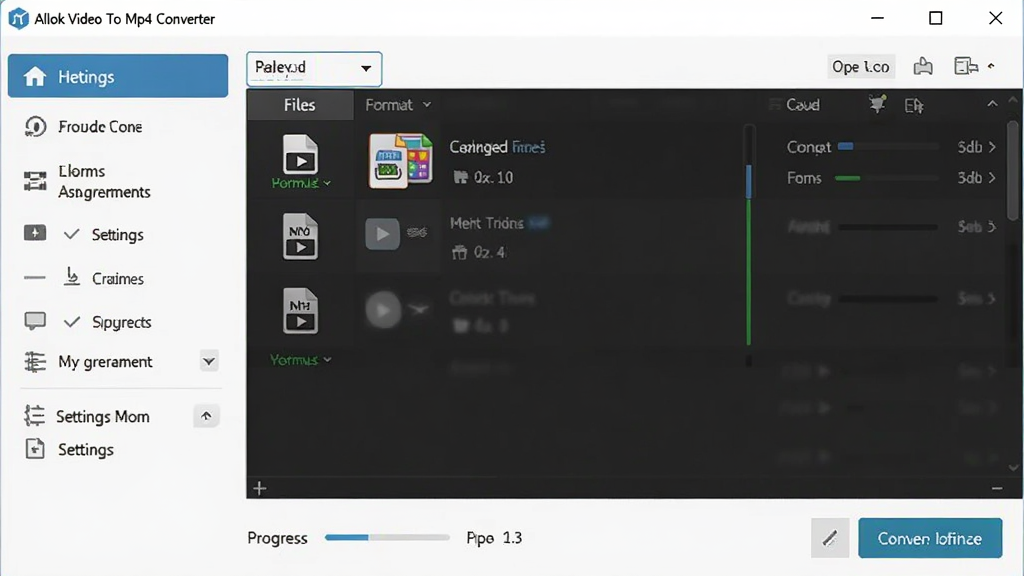 һ��չʾ Allok Video To Mp4 Converter ���������ͼƬ������Ϊ���������ڣ����־��У����Ϊ���ܵ��������Ҳ�Ϊ�ļ��б���ת����ť���Ű��������������Ϊ�ִ���Լ�������棬ϸ�ڰ�����Ƶ��ʽͼ�ꡢ������������ѡ����ʸ��壬�ɾ����޶���Ԫ��