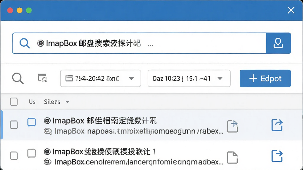 一张展示ImapBox 邮盘邮件搜索与导出功能的预览图,主体为软件界面中的搜索框和邮件列表,界面中显示搜索关键词和筛选结果,布局为上下结构,上方为搜索栏,下方为邮件列表和导出按钮,风格为清爽办公风,细节包括放大镜图标、日期选择器、文件导出图标,画质高清,干净,无多余元素