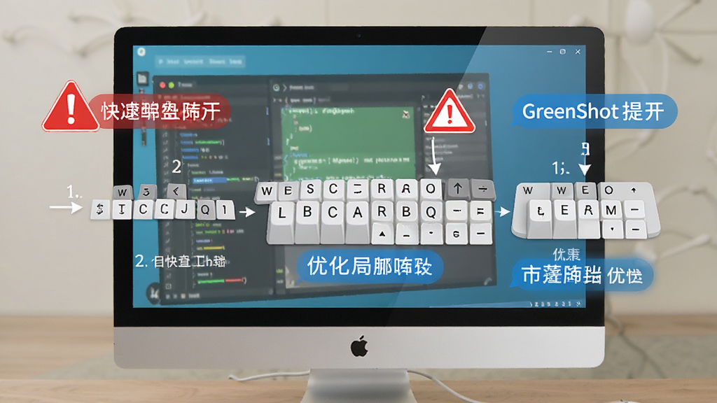 软件GreenShot使用技巧示意图,主体为电脑屏幕与快捷键组合,布局展示操作步骤与提示文字,排版清晰,风格教学向,细节有红色警告标志与蓝色优化标签,画质高清,干净,无多余元素