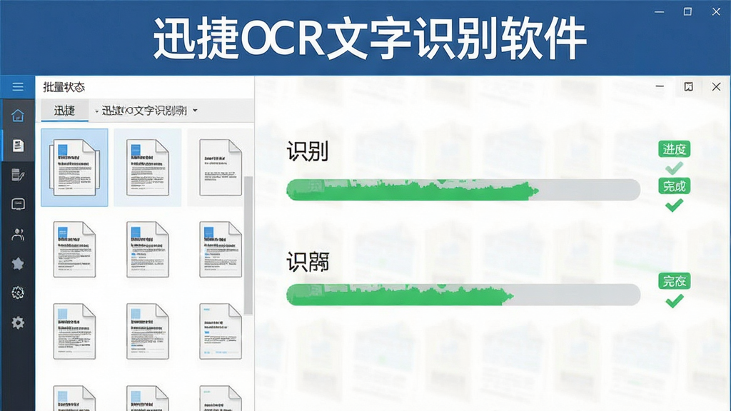 一张展示迅捷OCR文字识别软件批量处理功能的图片,画面中软件界面显示多个文件缩略图排列在左侧列表中,右侧显示识别进度条和已完成状态标记,界面顶部有