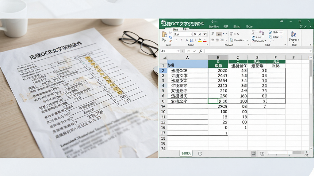 一张展示迅捷OCR文字识别软件表格识别功能的图片,画面中左侧是一张纸质表格的照片,右侧是软件界面中还原后的Excel表格,表格线条清晰,数据排列整齐,界面顶部显示