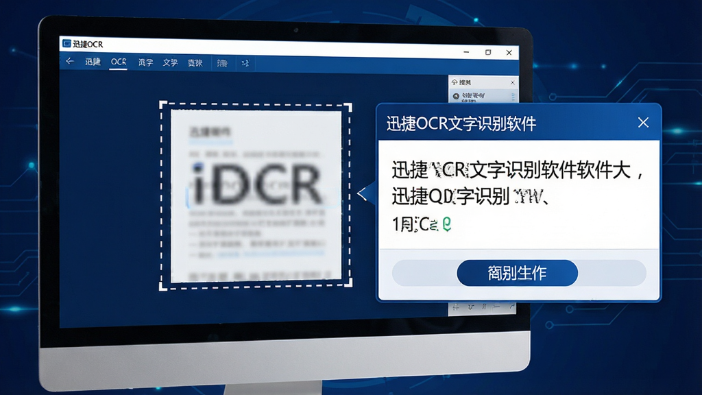 一张展示迅捷OCR文字识别软件截图识别功能的图片,画面中屏幕上有虚线框选区域,旁边弹出识别结果浮动窗口,窗口中显示识别出的文字和翻译按钮,界面标注