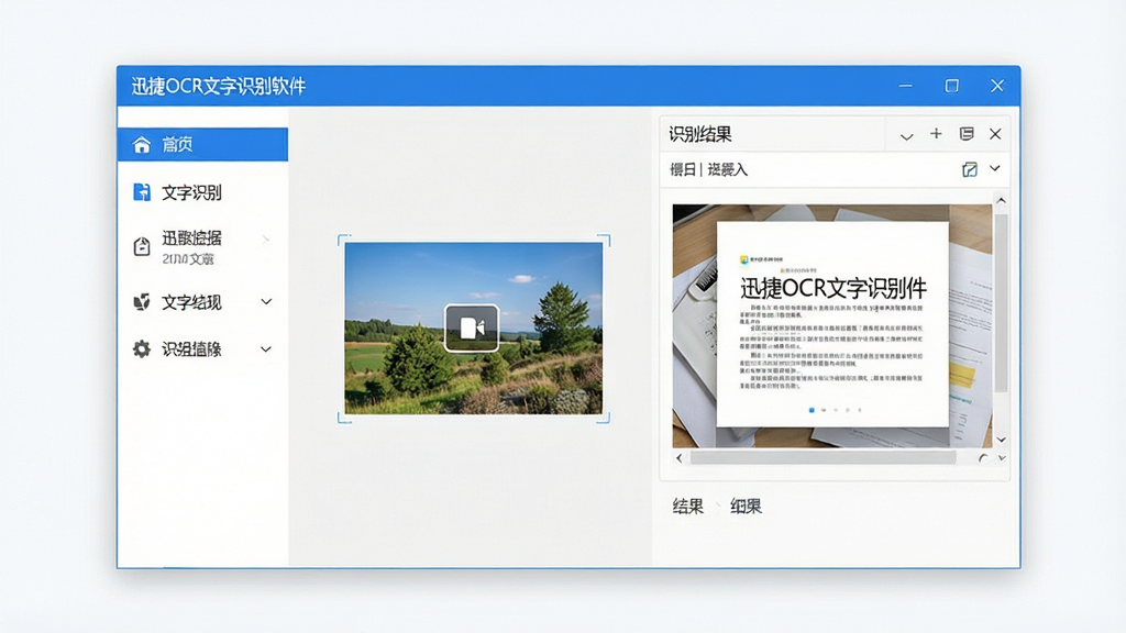 一张展示迅捷OCR文字识别软件主界面的图片,画面中央是软件窗口,左侧显示功能导航栏,右侧展示图片导入区域和识别结果预览,界面风格简洁现代,配色以白色和蓝色为主,屏幕上清晰显示