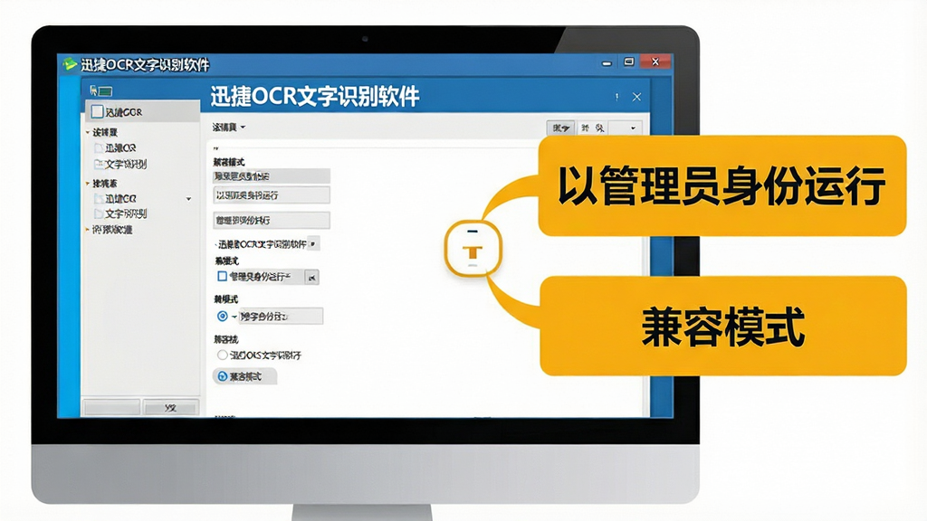 一张展示迅捷OCR文字识别软件问题解决方法的示意图,画面中电脑屏幕上显示软件设置界面,旁边有提示框标注