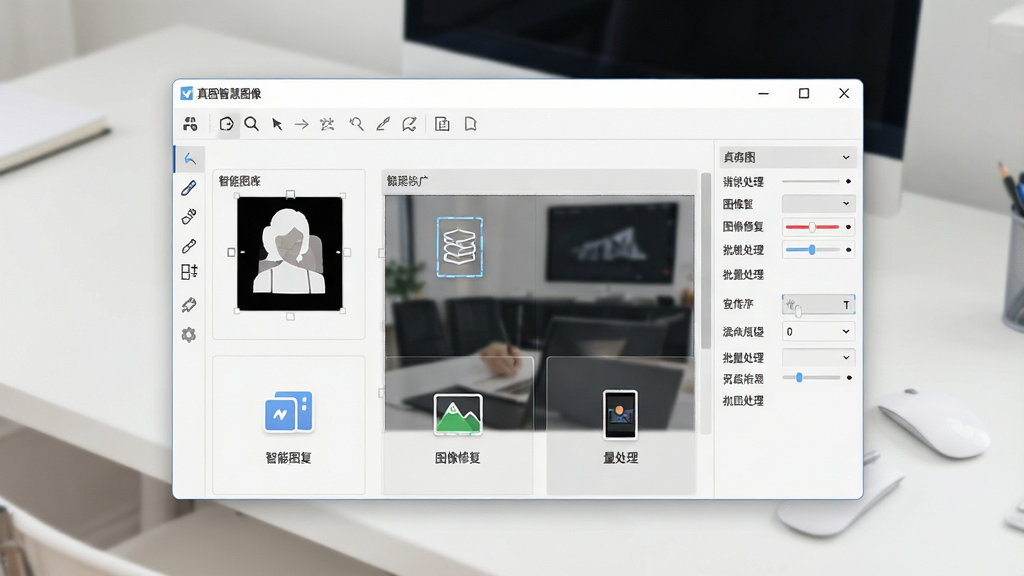 一张展示真图智慧图像软件主界面的图片,画面中央是软件操作窗口,窗口内显示智能抠图、图像修复、批量处理等功能模块图标,背景为简洁的浅色办公桌面,整体布局清晰,风格现代简约,细节包含工具栏、预览区、参数调节面板,画质高清,干净,无多余元素
