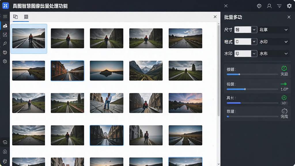 一张展示真图智慧图像批量处理功能的图片,画面中显示多个图片缩略图排列在软件队列中,右侧有批量参数设置面板,包含尺寸、格式、水印等选项,风格商务高效,细节展示进度条和完成状态,画质高清,干净,无多余元素