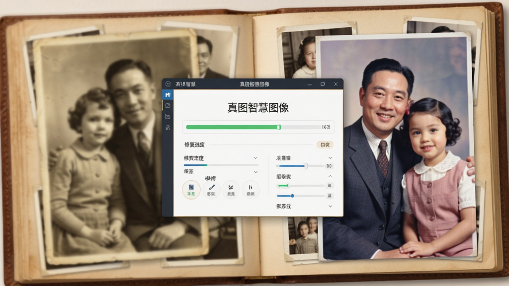 一张展示真图智慧图像老照片修复功能的对比图,左侧是泛黄模糊的老照片,右侧是修复后清晰彩色的照片,中间带有真图智慧图像软件界面元素,背景为温馨家庭相册风格,细节包含修复进度条和参数面板,画质高清,干净,无多余元素