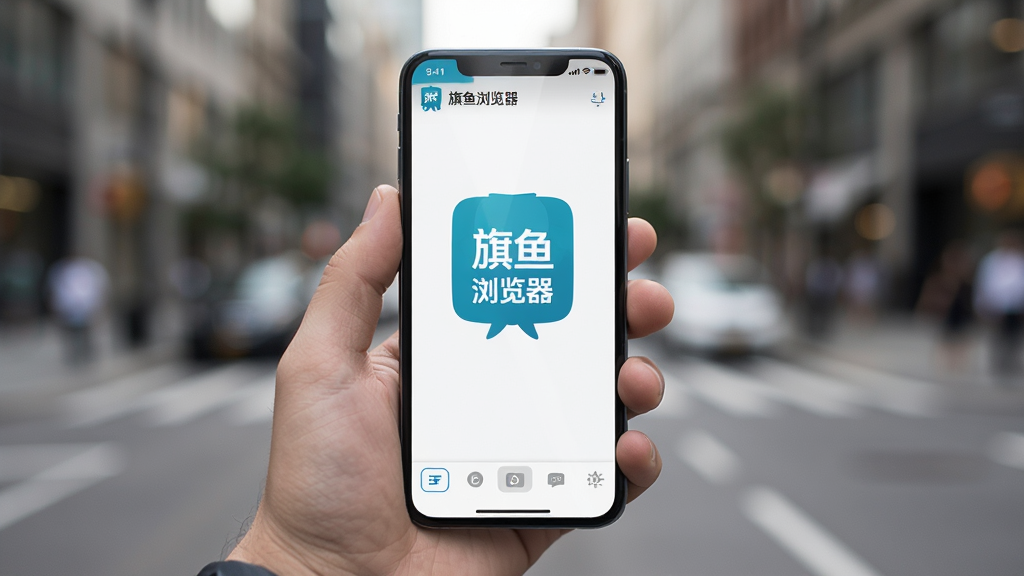 一只手握着智能手机,手机屏幕显示“旗鱼浏览器”移动端界面,底部有标签切换栏,背景是模糊的城市街景,风格为写实摄影,主体清晰,构图自然,画质干净,无多余元素