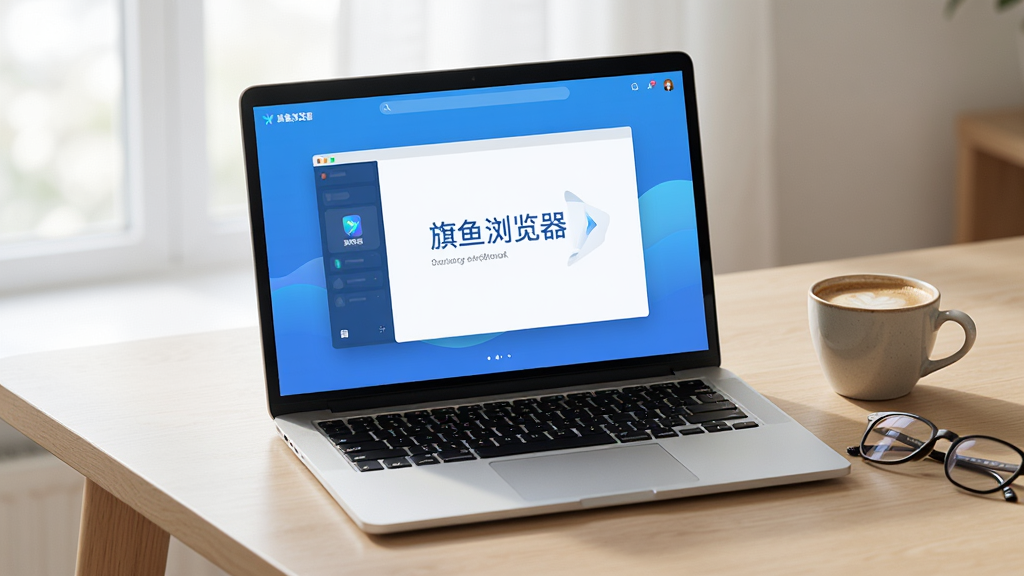 一台银色笔记本电脑放置在浅色木质桌面上,屏幕中显示“旗鱼浏览器”主界面,界面简洁清爽带有蓝色调,旁边放着一杯咖啡和一副眼镜,自然光从左侧照入,画面风格为写实摄影,细节清晰,画质干净,无多余元素