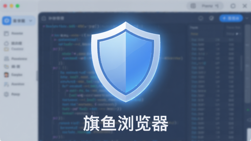 一个盾牌形状的图标悬浮在“旗鱼浏览器”界面之上,盾牌散发着柔和的蓝光,背景是模糊的代码数据流,整体风格为科技感插画,主体明确,排版居中,画质干净,无多余元素