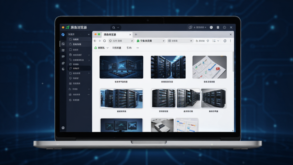 画面中央是一台打开的笔记本电脑,屏幕显示“旗鱼浏览器”打开多个标签页的界面,每个标签页缩略图清晰可见,背景为深蓝色渐变科技风格,主体突出,布局居中,风格为数字插画,细节丰富,画质干净,无多余元素