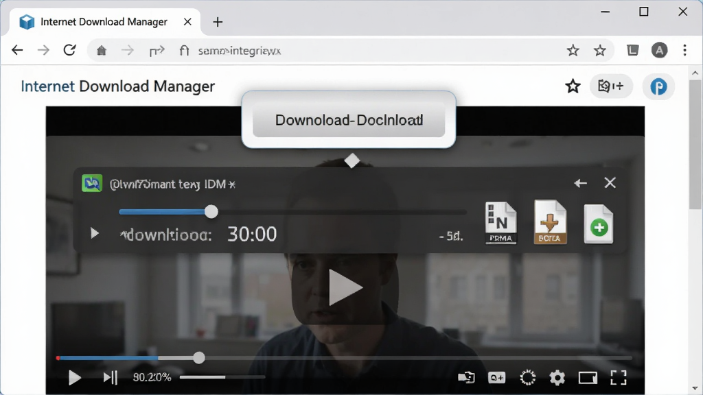 一张展示Internet Download Manager与浏览器集成效果的预览图,主体为浏览器页面中弹出IDM下载浮动条,布局为网页视频播放器上方悬浮下载按钮,风格为现代网页界面风格,细节包括视频进度条、下载速度显示与文件格式图标,画质清晰,干净,无多余元素