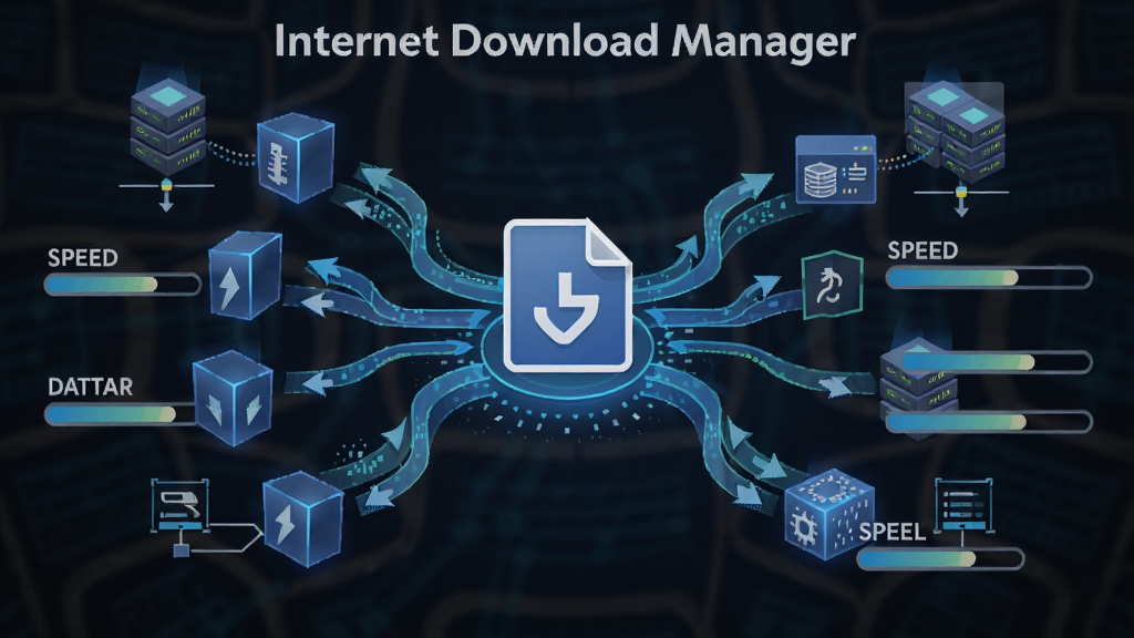 一张展示Internet Download Manager多线程加速原理的示意图,主体为文件被分割成多个数据块并同时传输的视觉概念,布局为中心文件图标向四周发散多条数据流,风格为科技感信息图,细节包括速度箭头、服务器节点与进度条,画质清晰,干净,无多余元素