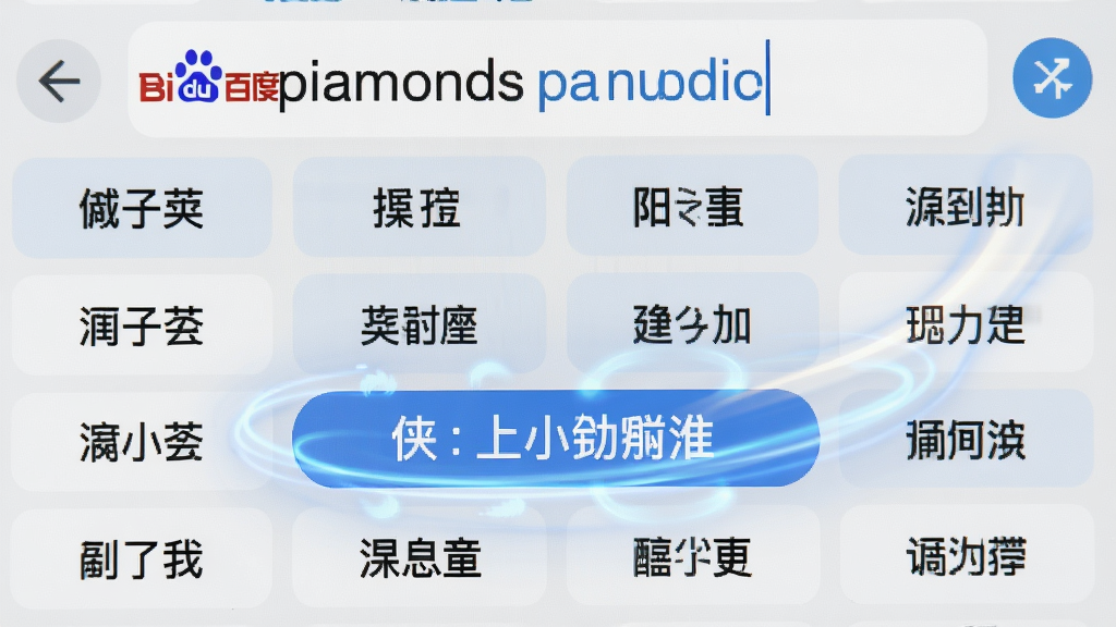 画面主体为百度输入法的拼音候选词界面特写,布局为居中排版,上方是输入的拼音串,下方整齐排列多个候选词选项,风格采用清新浅色主题,细节包含高亮选中的候选词、流畅的动效轨迹,画质为高清渲染,干净无多余元素。