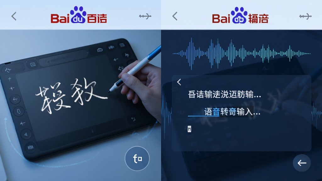 展示百度输入法手写与语音输入功能的组合场景图,画面分为左右两部分,左侧展示手写板上的笔迹识别过程,右侧展示语音波形与文字转写结果,布局对称,风格为科技蓝调,细节包含手写笔触、声波纹理,画质为高清,干净无多余元素。