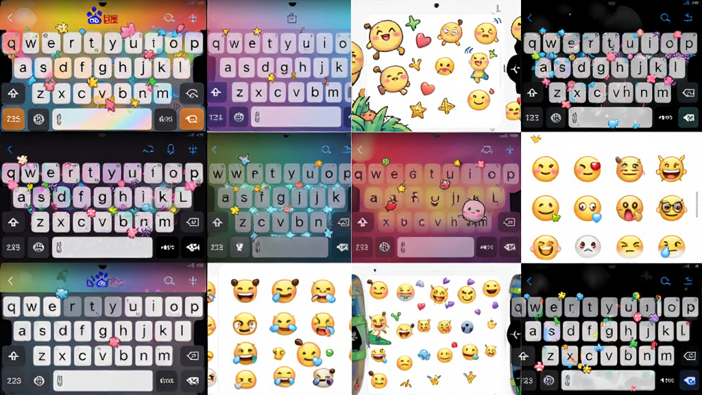 展示百度输入法皮肤与表情面板的拼贴图,画面主体为多个不同风格的键盘皮肤缩略图与表情包预览,布局采用网格排列,风格为活泼多彩,细节包含各种卡通元素、色彩渐变,画质为高清,干净无多余元素。