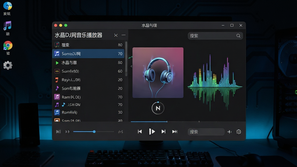 一张展示电脑桌面上运行的音乐播放器界面,画面中央是软件主窗口,左侧显示“水晶DJ网音乐播放器”歌单列表,右侧为专辑封面与频谱跳动动画,背景是深色科技风桌面,整体布局清晰,风格现代简约,细节包含播放控制按钮和搜索框,画质高清,干净,无多余元素