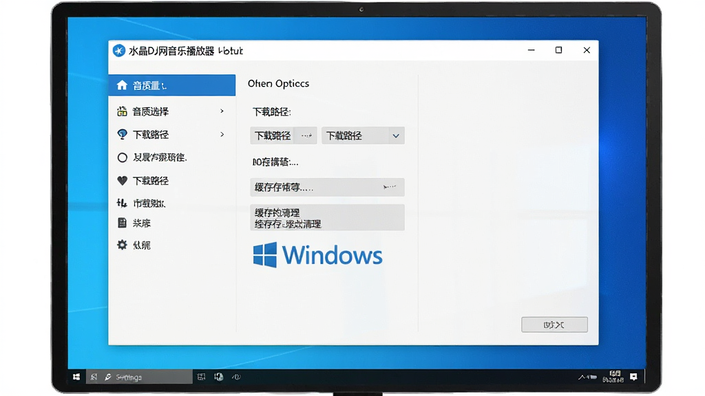 一张AI生成的图片,主体是一台Windows电脑屏幕,屏幕上显示“水晶DJ网音乐播放器”的设置界面,布局为左侧菜单右侧选项,风格简洁明快,细节包含音质选择、下载路径和缓存清理按钮,画质高清,干净,无多余元素