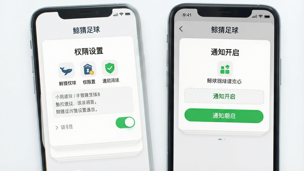 一张展示鲸猜足球新手安装设置引导页面的图片,主体是手机屏幕显示权限设置和通知开启界面,布局为居中卡片式排版,风格为扁平化清新风,细节包括绿色开关按钮、权限图标和提示文字框,画质高清干净无多余元素,图片中文字标注