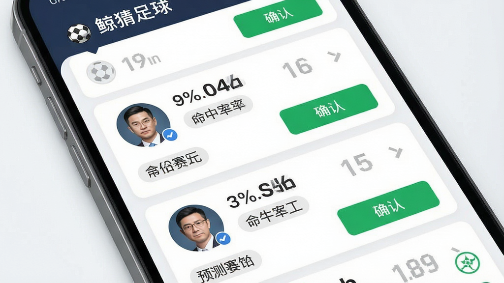 一张展示鲸猜足球专家分析页面的功能截图风格图片,主体是手机屏幕显示多位专家头像和预测分析文字卡片,布局为上下滚动列表式排版,风格为清爽运动商务风,细节包括专家头像圆形图标、命中率百分比数字、赛事名称标签和绿色确认按钮,画质高清干净无多余元素,图片中文字标注