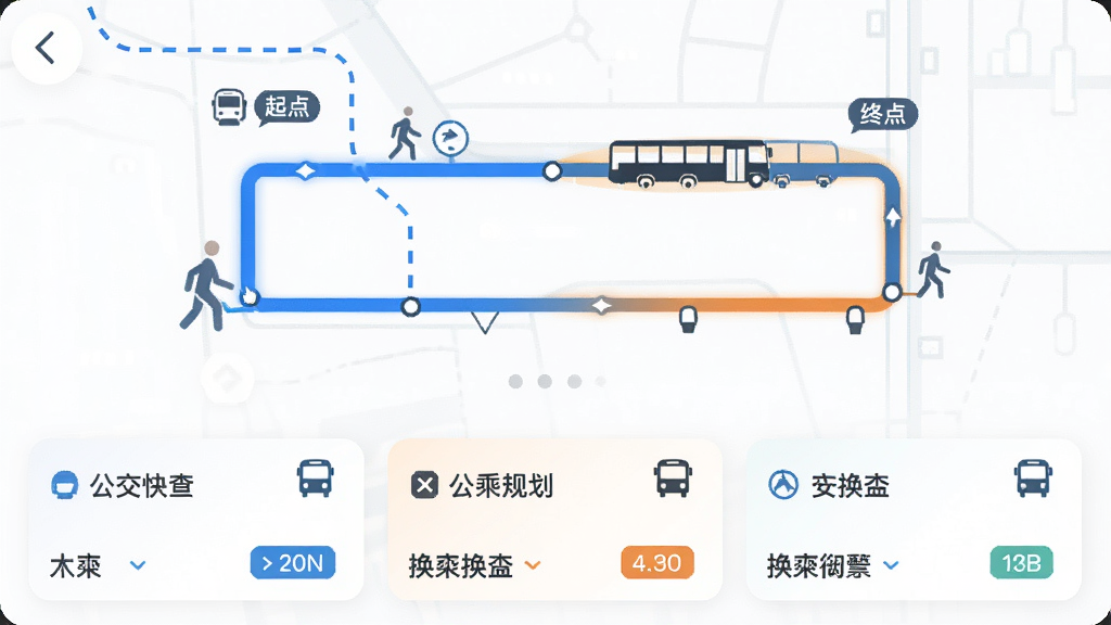 掌上出行公交快查应用中的换乘规划界面,画面中央显示起点到终点的路线示意图,包含步行路段与公交路段用不同颜色区分,下方列出多个换乘方案卡片,布局为上下结构,风格为现代简约科技风,细节包含蓝色路线高亮、步行虚线、公交图标、时间标签,画质清晰干净无多余元素