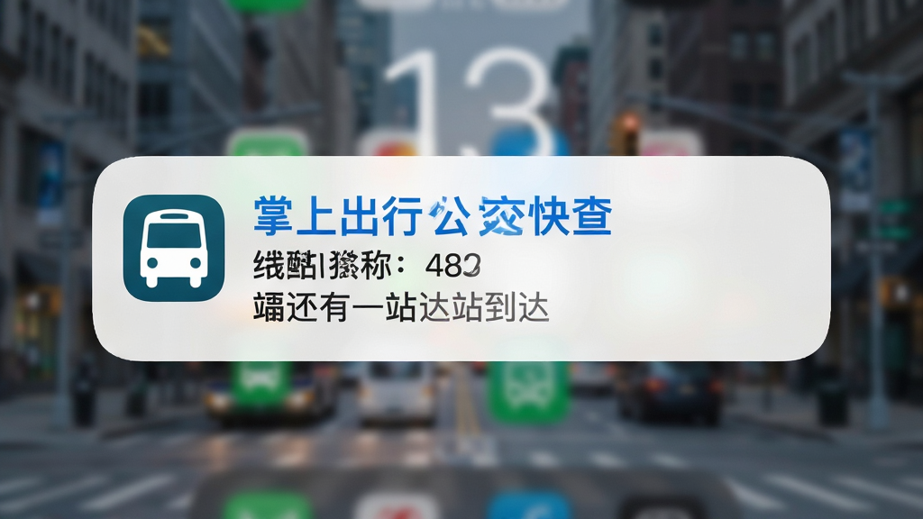 手机锁屏界面展示掌上出行公交快查的到站提醒通知,通知卡片上显示公交线路名称与还有一站到达的提示文字,背景为模糊的城市街景,布局为居中通知弹窗,风格为iOS风格通知卡片,细节包含应用图标、蓝色通知标题、白色背景、圆角矩形,画质清晰干净无多余元素