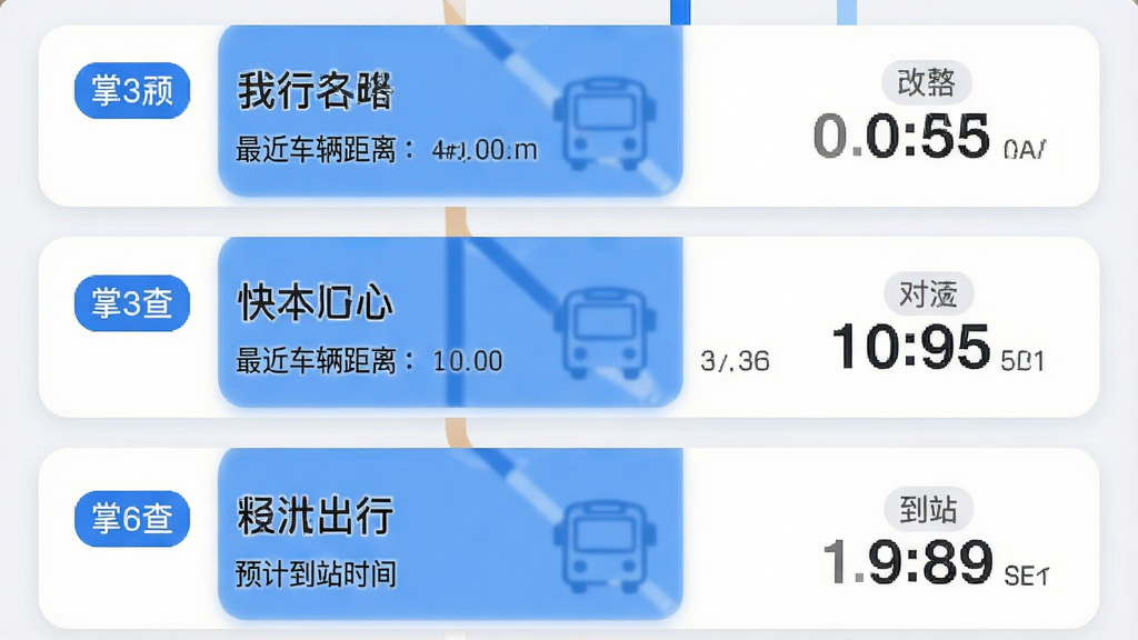 掌上出行公交快查应用界面截图风格,画面展示收藏线路列表页面,每条线路以卡片形式排列,卡片上显示线路名称、最近车辆距离与预计到站时间,布局为纵向列表,风格为柔和圆角卡片设计,细节包含蓝白配色、线路编号标签、倒计时数字,画质清晰干净无多余元素