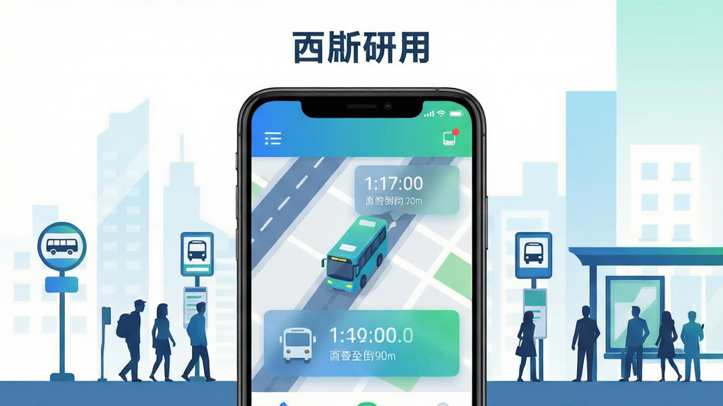 画面主体是一部智能手机竖屏展示公交查询应用界面,屏幕中央显示地图上移动的公交车辆图标与到站倒计时卡片,周围环绕城市街道、公交站牌与候车人群剪影,布局采用居中构图,上方留白放置应用名称文字,整体风格为现代扁平化科技风,细节包含蓝色与绿色渐变色调、简洁图标、半透明信息卡片,画质清晰干净无多余元素