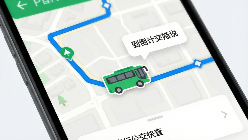 手机屏幕特写,画面中掌上出行公交快查应用显示一条公交线路,地图上有一个醒目的公交车图标正在沿路线移动,旁边浮动着到站倒计时气泡,背景为浅色城市路网,整体布局简洁,风格为清新扁平化UI,细节包含蓝色高亮路线、绿色车辆标记、白色信息卡片,画质清晰干净无多余元素
