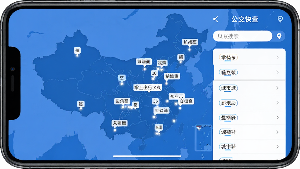 掌上出行公交快查应用的城市切换界面,画面展示中国地图轮廓上多个城市节点高亮显示,下方列出已支持城市列表,布局为地图加列表组合,风格为清爽扁平化设计,细节包含蓝色地图底色、白色城市标签、搜索框、定位图标,画质清晰干净无多余元素