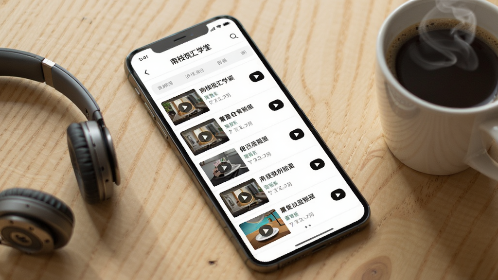 画面为一部手机斜放在桌面上,手机屏幕显示“南枝视汇学堂”搜索结果页面,列表中有多条视频条目,每条左侧有小缩略图,右侧有标题和播放按钮,手机旁边放着一副耳机和一杯咖啡,背景为木质桌面,整体布局为对角线构图,风格为生活化产品摄影风,细节上屏幕有轻微反光,咖啡杯有热气,画质高清,干净无多余元素