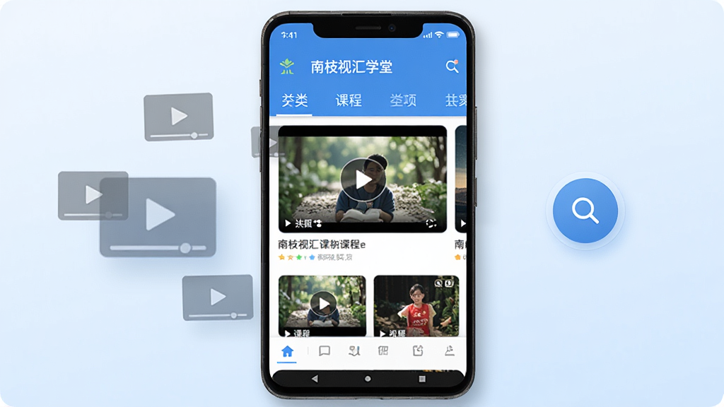 画面中央放置一部安卓手机,手机屏幕显示“南枝视汇学堂”应用主界面,界面上有视频课程卡片和分类标签,手机左侧漂浮几个半透明的视频播放图标,右侧有一个圆形搜索按钮,背景为浅蓝色渐变,整体布局简洁对称,风格为扁平化科技风,细节上手机边缘有轻微阴影,屏幕内容清晰可辨,画质为高清1080p,干净无多余元素