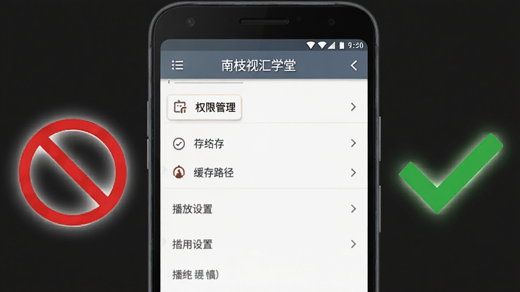 画面为一部安卓手机屏幕特写,屏幕显示“南枝视汇学堂”的设置页面,页面上有权限管理、缓存路径、播放设置等选项,手机旁边有一个红色禁止图标和一个绿色对勾图标,背景为深灰色,整体布局为居中对称,风格为扁平化信息图,细节上图标有轻微发光效果,画质高清,干净无多余元素