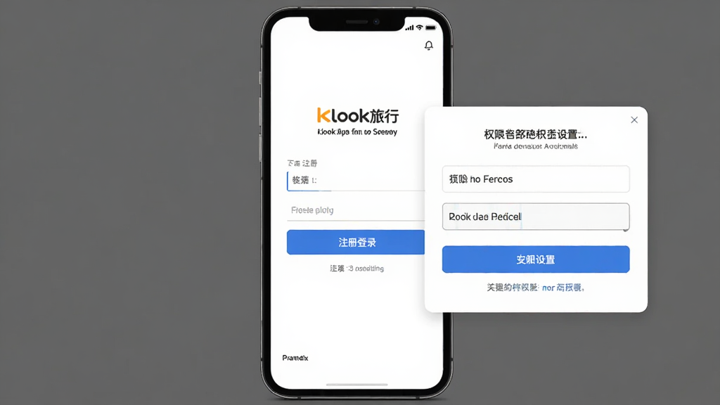 Klook客路旅行新手操作界面示意图,主体为手机屏幕显示注册登录页面与权限设置弹窗,布局为手机居中、弹窗位于右侧,排版清晰直观,风格为扁平化UI设计,细节包含输入框、按钮、提示文字,画质高清,干净,无多余元素
