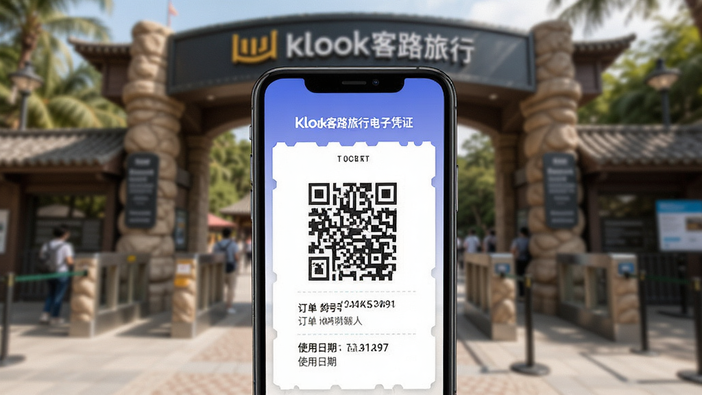 Klook客路旅行电子凭证功能展示图,主体为手机屏幕显示二维码电子票券,布局为手机居中、背景为景区入口场景,排版简洁明了,风格为写实科技风,细节包含二维码、订单编号、使用日期等元素,画质高清,干净,无多余元素