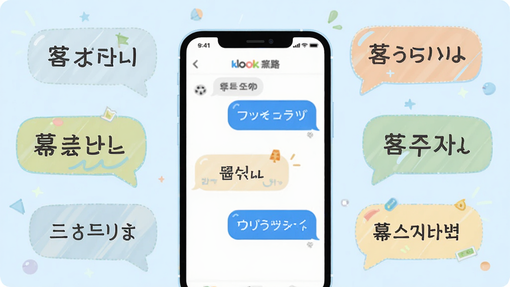 Klook客路旅行多语言服务展示图,主体为手机界面与多语言对话气泡,布局为手机居中、气泡环绕四周,排版活泼有序,风格为清新浅色插画风,细节包含中文、英文、日文、韩文等语言标识,画质高清,干净,无多余元素