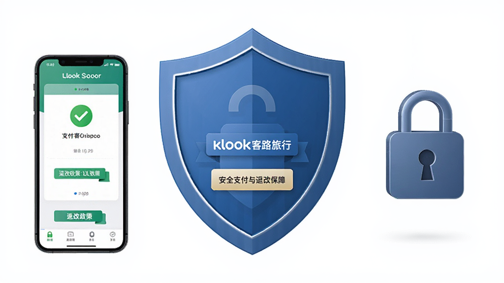 Klook客路旅行安全支付与退改保障展示图,主体为盾牌图标与手机支付界面,布局为盾牌居中、手机与锁形图标分列两侧,排版对称稳重,风格为商务安全风,细节包含支付成功标识、退改政策标签,画质高清,干净,无多余元素