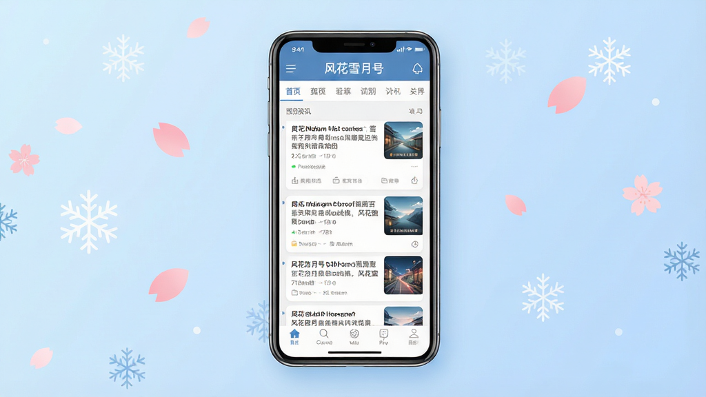 一张展示“风花雪月号”手机应用主界面的图片。画面中央是一部智能手机,屏幕显示“风花雪月号”APP的首页,包含顶部导航栏、资讯卡片列表与底部菜单栏。背景是柔和的浅蓝色渐变,点缀几片简约的樱花花瓣与雪花图案。风格为现代扁平化UI设计,细节清晰,画质干净,无多余元素,整体排版简洁大气。