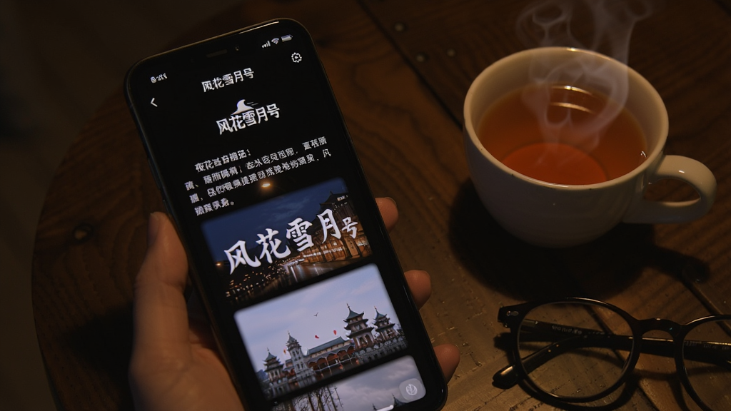 一部手机展示“风花雪月号”的夜间模式阅读界面,深色背景上显示白色文字与图片,屏幕光线柔和。手机旁有一杯热茶与眼镜,背景为暗色木质桌面。风格写实温馨,画质干净,突出应用的夜间护眼特性与“风花雪月号”标志。