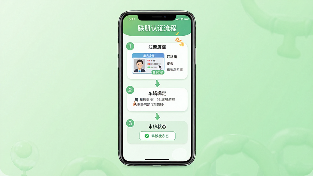 一张展示联帮盛司机端新手操作指引的示意图,主体是手机屏幕显示注册认证流程步骤,布局为手机居中展示,背景为浅绿色渐变,排版按步骤编号排列,风格为友好教学风格,细节包括身份证上传、车辆绑定、审核状态等界面,画质高清,干净无多余元素
