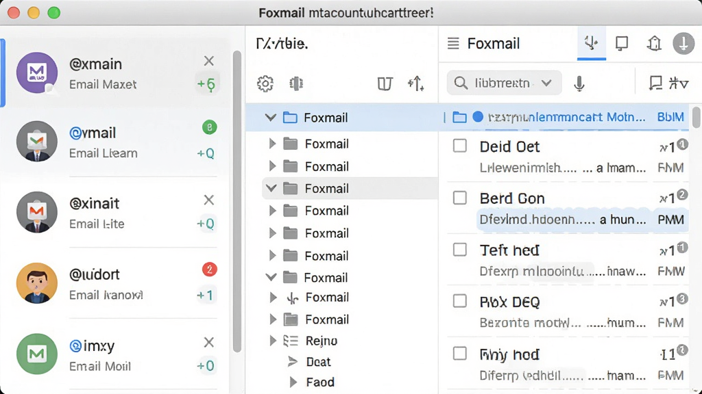 һ��չʾFoxmail���˻��������ܵ�ͼƬ����������������������Ŷ�������˻�ͷ�������ƣ��Ҳ���ʾ��ǰѡ���˻����ʼ��б�����������������򣬷��Ϊдʵ�������棬ϸ�ڰ����˻�ͼ�ꡢδ���ʼ�������ʾ���ļ�����״�ṹ�����ʸ��壬����ɾ����޶���Ԫ��