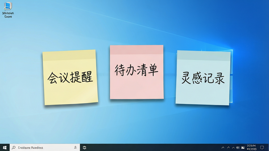 一张整洁的Windows电脑桌面截图,屏幕中央悬浮着三张颜色柔和的便签纸,便签纸上用黑色手写字体写着“会议提醒”、“待办清单”和“灵感记录”,便签边缘带有淡淡的阴影效果,桌面背景为简洁的浅蓝色渐变,整体风格清新简约,画质清晰,干净无多余元素