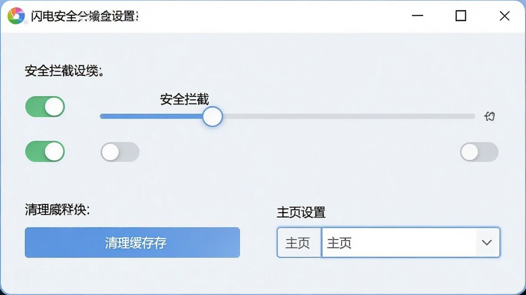 一张展示闪电安全浏览器设置界面的图片,画面中有安全拦截级别滑块、清理缓存按钮与主页设置输入框,布局规整,风格清新浅色,细节包含开关控件与下拉菜单,画质清晰,干净,无多余元素