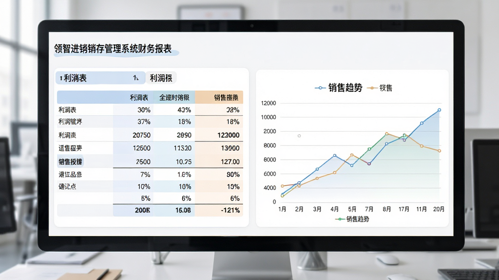 领智进销存管理系统财务报表界面,展示利润表与销售趋势折线图,表格数据清晰,配色柔和,商务办公风格,细节丰富,画质干净,无多余元素