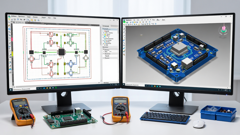 һ��չʾAltium Designer����ȫò��ͼƬ������������������˫��ʾ������̨�������Ļ��ʾ��ɫԭ��ͼ���Ҳ���Ļ��ʾ��ɫPCB��ά������ͼ�������ϰڷ��ŵ�·��ʵ����ñ���Ԫ�����У����ֲ��þ��жԳ��Ű棬���Ϊдʵ�Ƽ��磬ϸ�ڰ����������洰�ڡ����߸�����Ԫ��������3D�忨ģ�ͣ����ʸ��壬�ɾ����޶���Ԫ�ء�